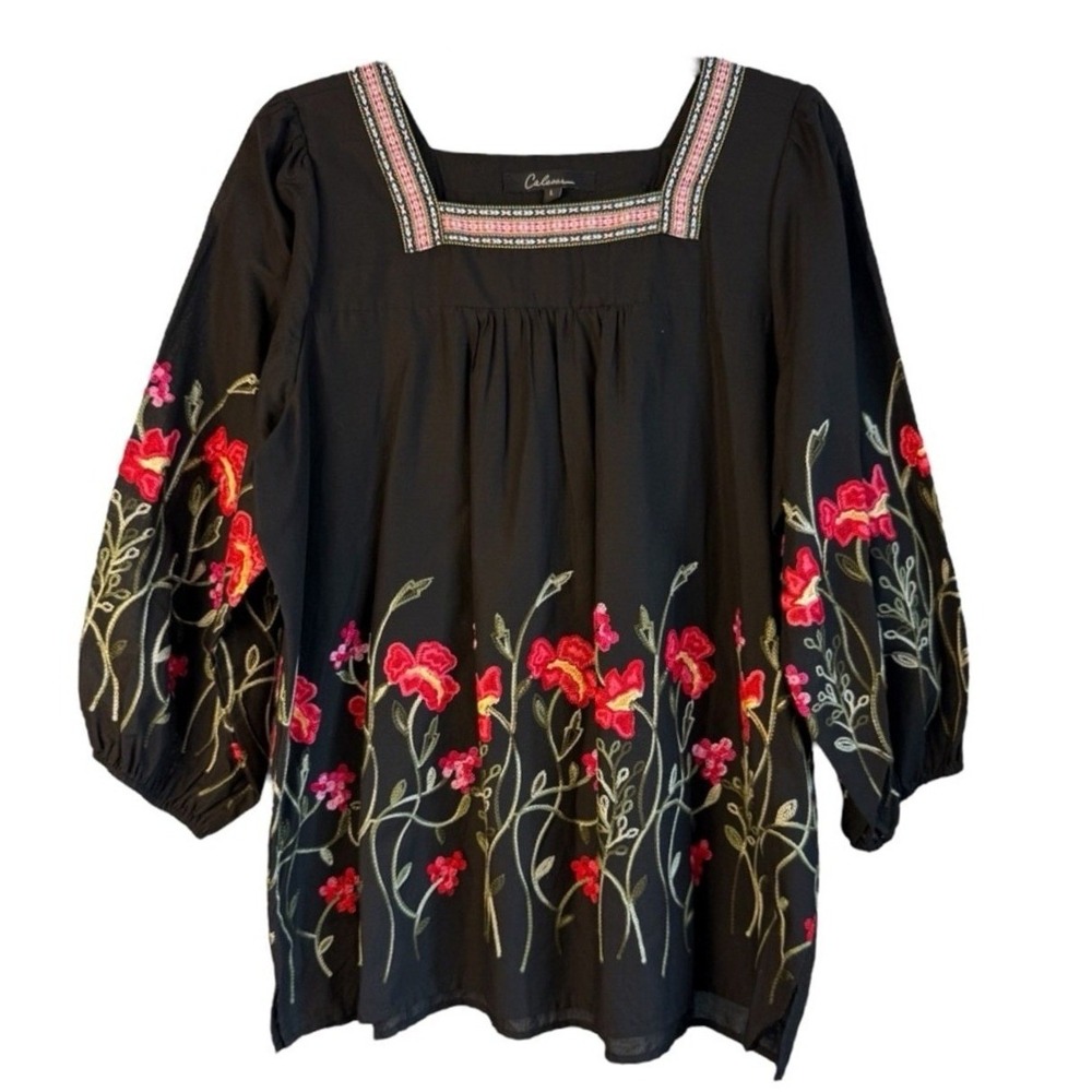 Calessa‎ Womens Size Large Black Emboidered Red Poppy Tunic NWT